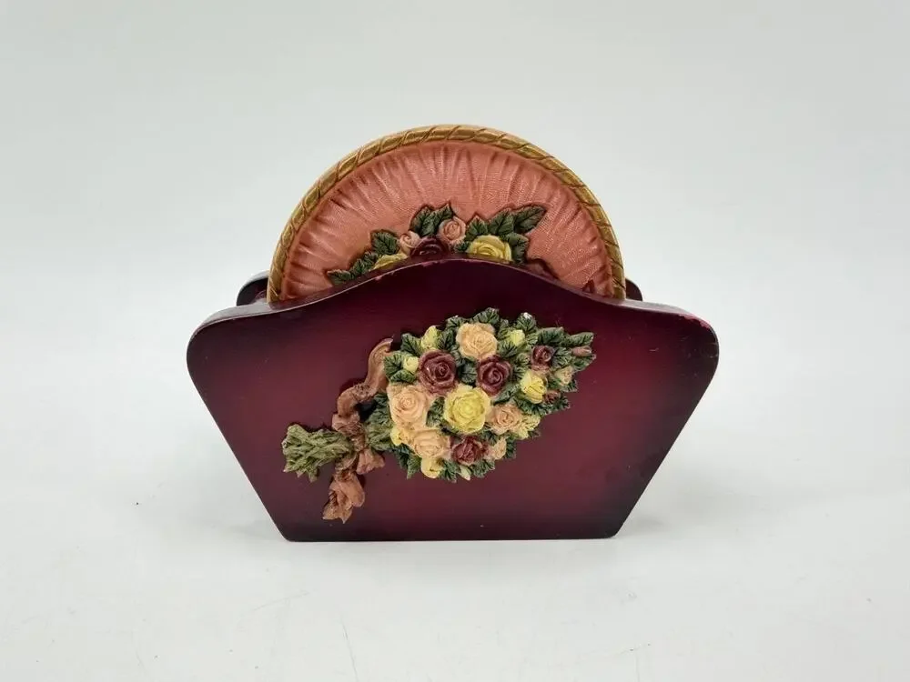 Chinese Stone Floral Rose Drink Coasters with Wooden Holder Burgundy Pink